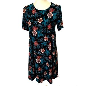 LOFT Black and Teal Floral Fit & Flair Jersey Knit Dress Size S